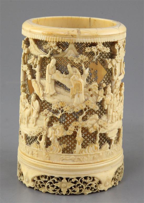 A Chinese ivory brush pot, early 19th century, height 15.8cm, old losses